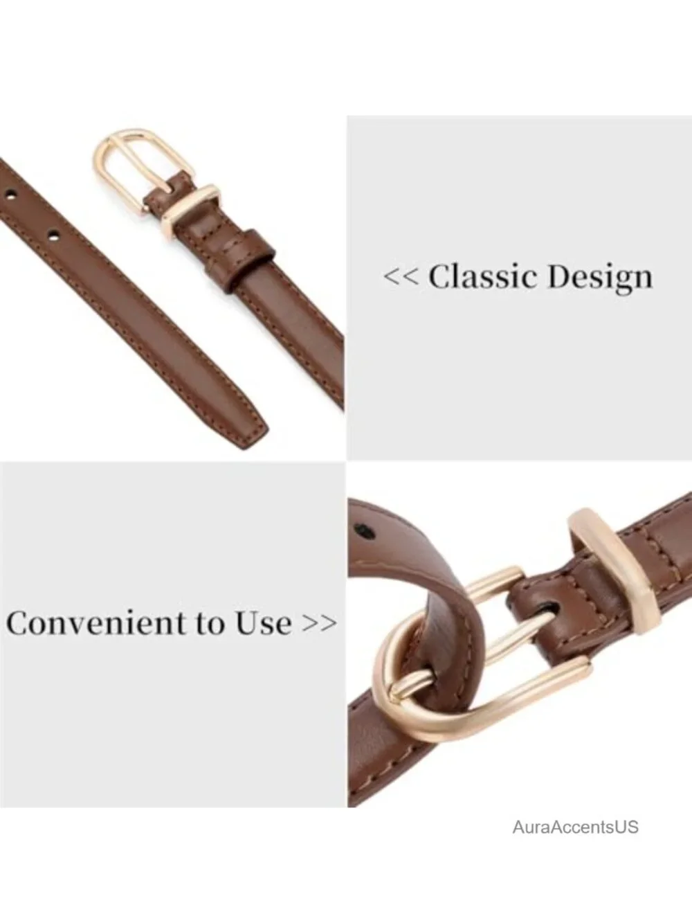 Women Genuine Leather Thin Belt with Gold Pin Buckle for Jeans & Dresses